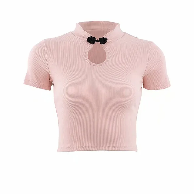 Retro Disc Button Slim Cropped Short Sleeved Shirt Tight Fitting High Waist T shirt Pink - Shop at LoveMi