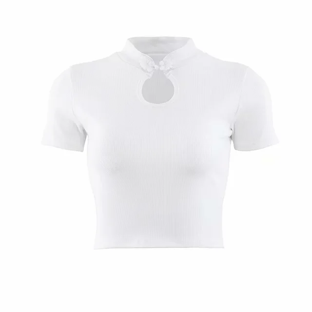 Retro Disc Button Slim Cropped Short Sleeved Shirt Tight Fitting High Waist T shirt White - Shop at LoveMi