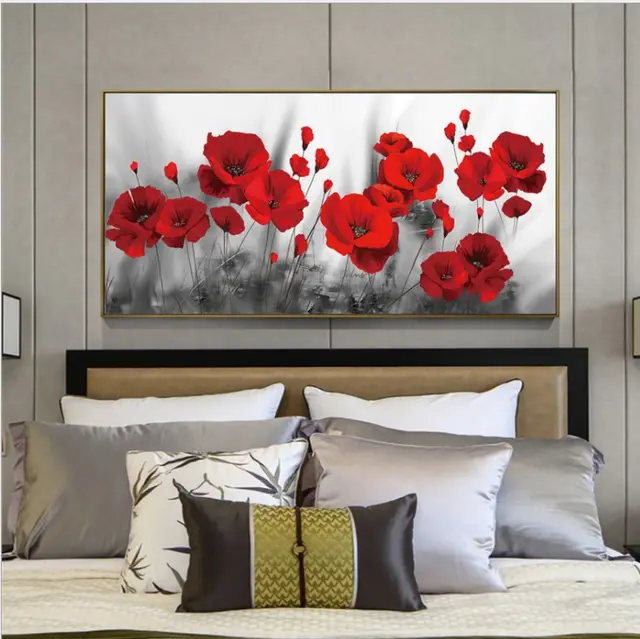 Nordic Style Oil Painting Red Flower Rose Poppy Living Room Bedroom Hanging Painting Red - Shop at LoveMi