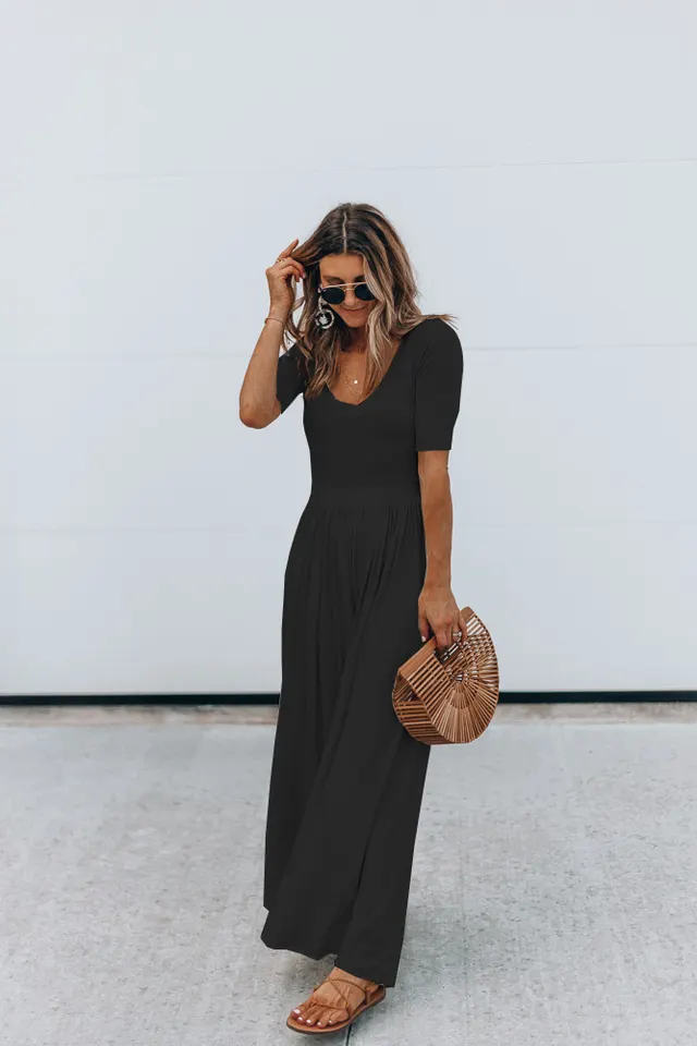 Ladies Fashion Solid Color Short Sleeve Wide Leg Loose Jumpsuit Black - Shop at LoveMi