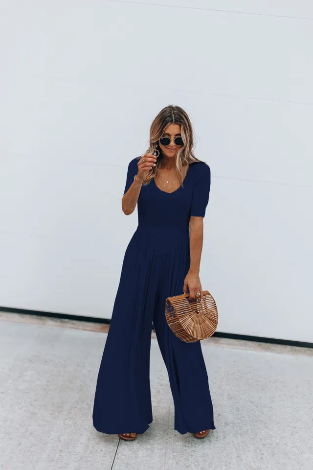 Ladies Fashion Solid Color Short Sleeve Wide Leg Loose Jumpsuit Blue - Shop at LoveMi