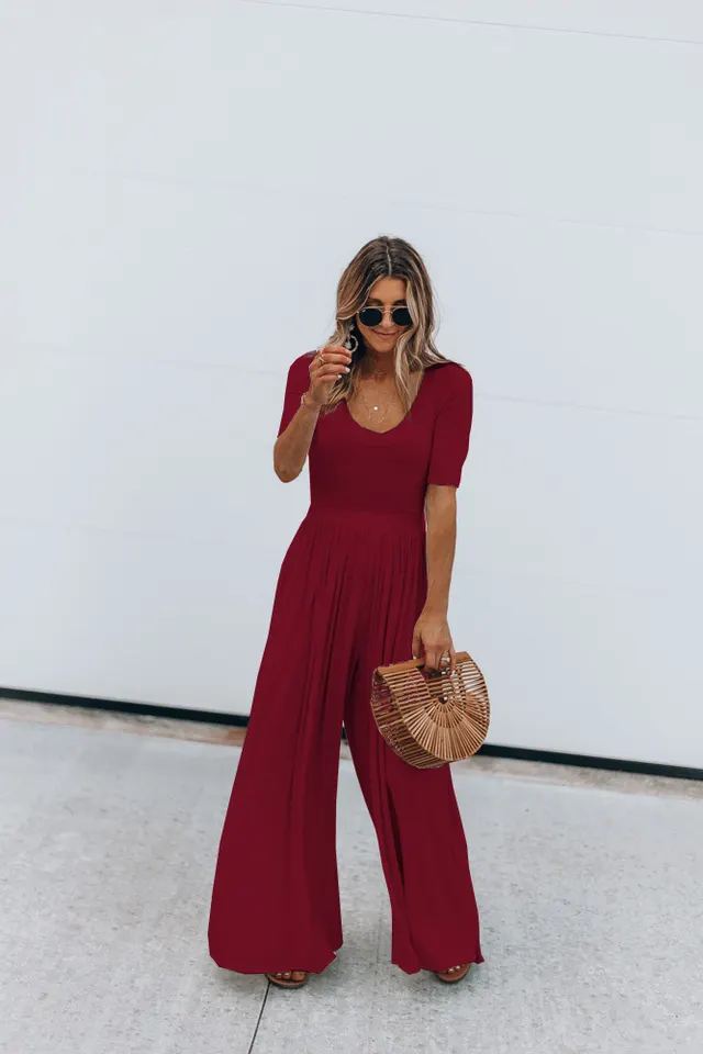 Ladies Fashion Solid Color Short Sleeve Wide Leg Loose Jumpsuit Wine Red - Shop at LoveMi
