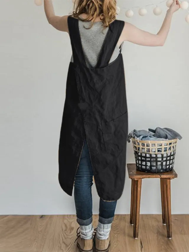 Solid Color Stitching Strap And Pocket Mid length Home Service Black - Shop at LoveMi