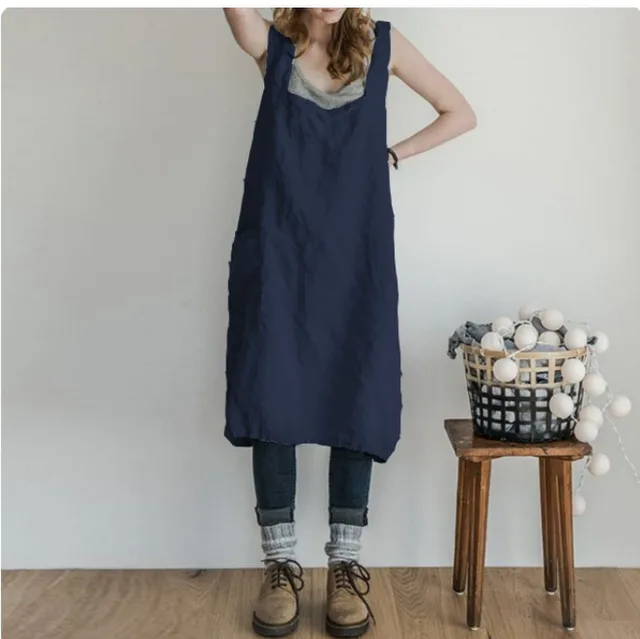 Solid Color Stitching Strap And Pocket Mid length Home Service Navy Blue - Shop at LoveMi