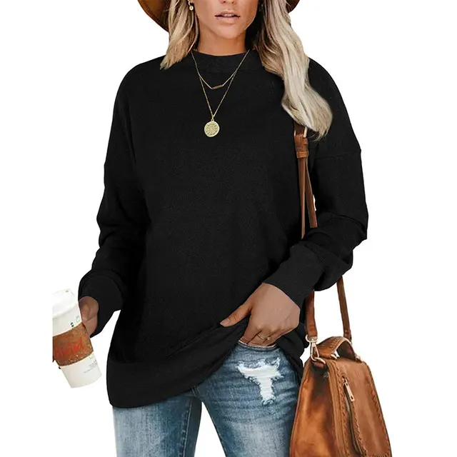 Round Neck Long Sleeved Solid Color Sweater Black - Shop at LoveMi