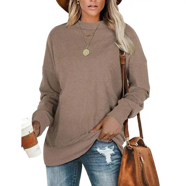 Round Neck Long Sleeved Solid Color Sweater Coffee - Shop at LoveMi