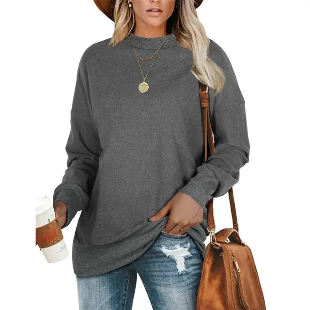 Round Neck Long Sleeved Solid Color Sweater Grey - Shop at LoveMi