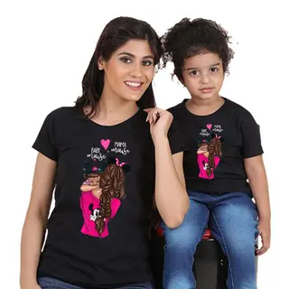 Women's And Women's Short-Sleeved t-Shirts Cartoon Mother And Daughter Printing Parent-Child Top - Black