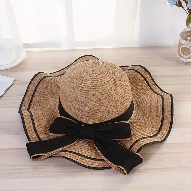 Ladies Wavy Big Rim Bow Sunhat Khaki - Shop at LoveMi