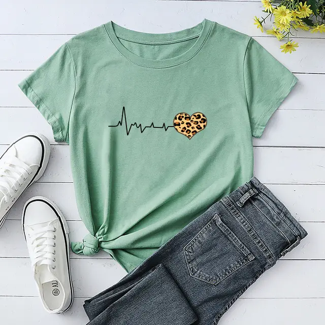 Heartbeat Leopard Print Round Neck Loose Top Cotton T Shirt Women Avocado Green - Shop at LoveMi