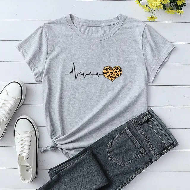 Heartbeat Leopard Print Round Neck Loose Top Cotton T Shirt Women Dark Grey - Shop at LoveMi
