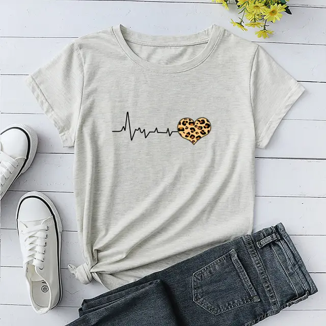 Heartbeat Leopard Print Round Neck Loose Top Cotton T Shirt Women Light Grey - Shop at LoveMi