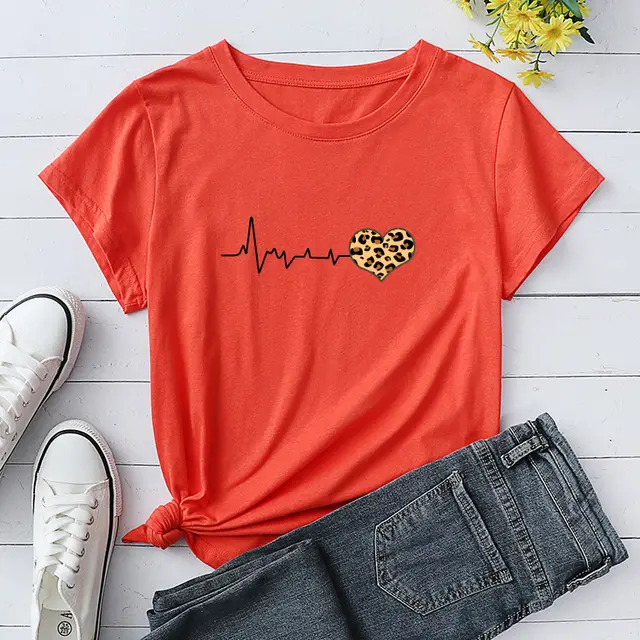 Heartbeat Leopard Print Round Neck Loose Top Cotton T Shirt Women Orange - Shop at LoveMi
