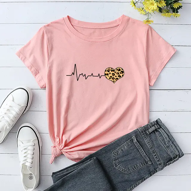 Heartbeat Leopard Print Round Neck Loose Top Cotton T Shirt Women Pink - Shop at LoveMi