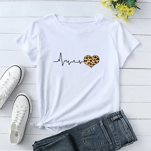 Heartbeat Leopard Print Round Neck Loose Top Cotton T Shirt Women White - Shop at LoveMi