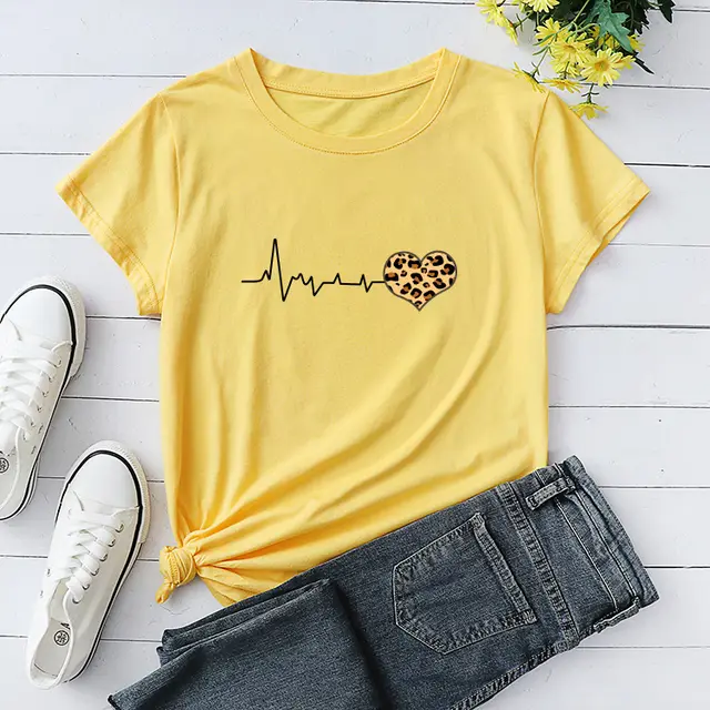Heartbeat Leopard Print Round Neck Loose Top Cotton T Shirt Women Yellow - Shop at LoveMi