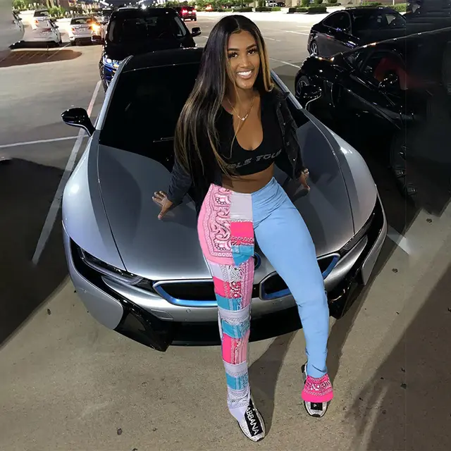 Printed Pleated Split Color Block Sweatpants Blue - Shop at LoveMi