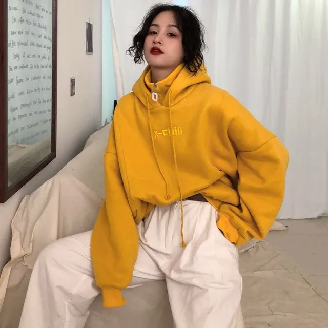 All Match Letter Embroidery High Neck Loose Sweater Yellow - Shop at LoveMi
