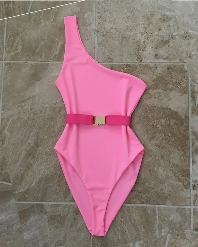 New Solid Color One Shoulder Swimsuit Rose Red - Shop at LoveMi