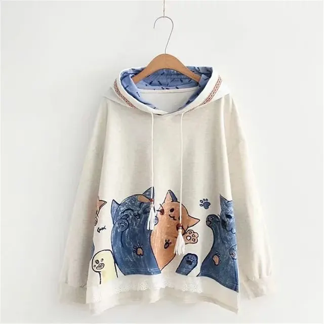 Cute Cat Print Lace Stitching Hooded Long sleeved Sweater Grey - Shop at LoveMi