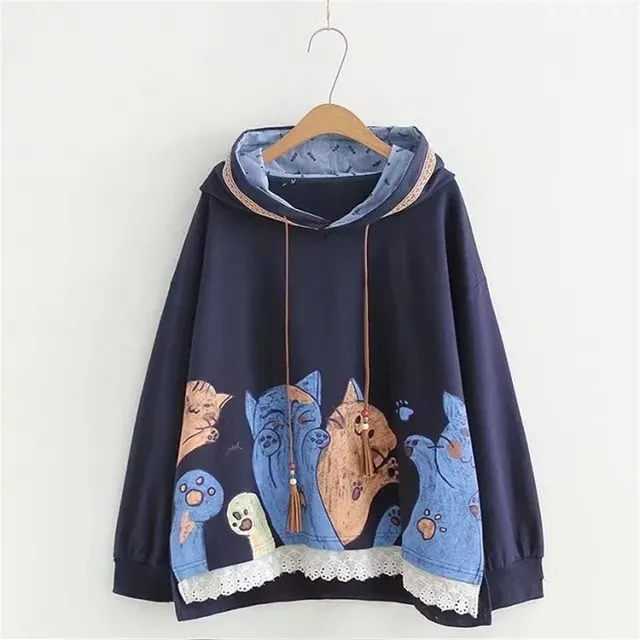 Cute Cat Print Lace Stitching Hooded Long sleeved Sweater Navy - Shop at LoveMi