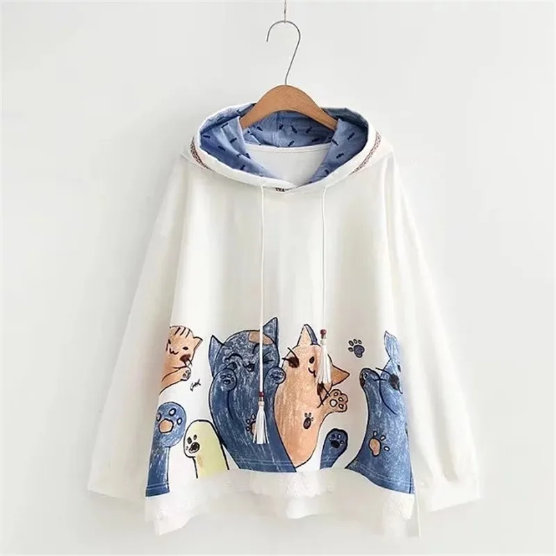 Cute Cat Print Lace Stitching Hooded Long-sleeved Sweater - White