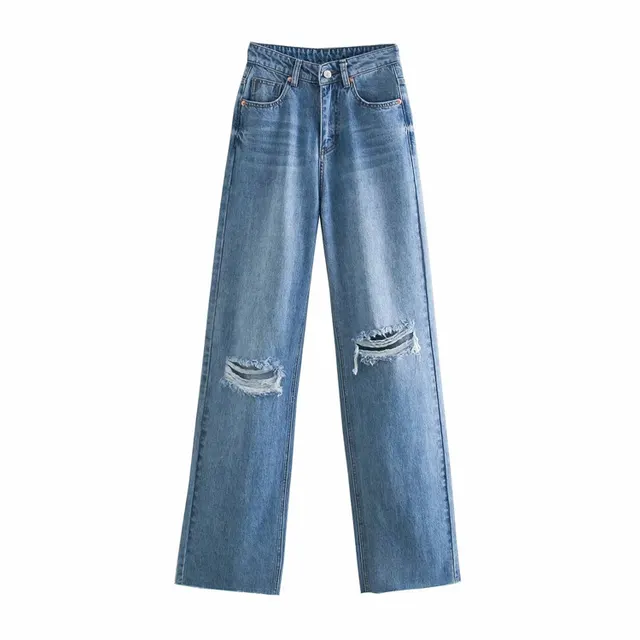 High Waist Slim Stitching Denim Wide leg Pants Light Blue - Shop at LoveMi