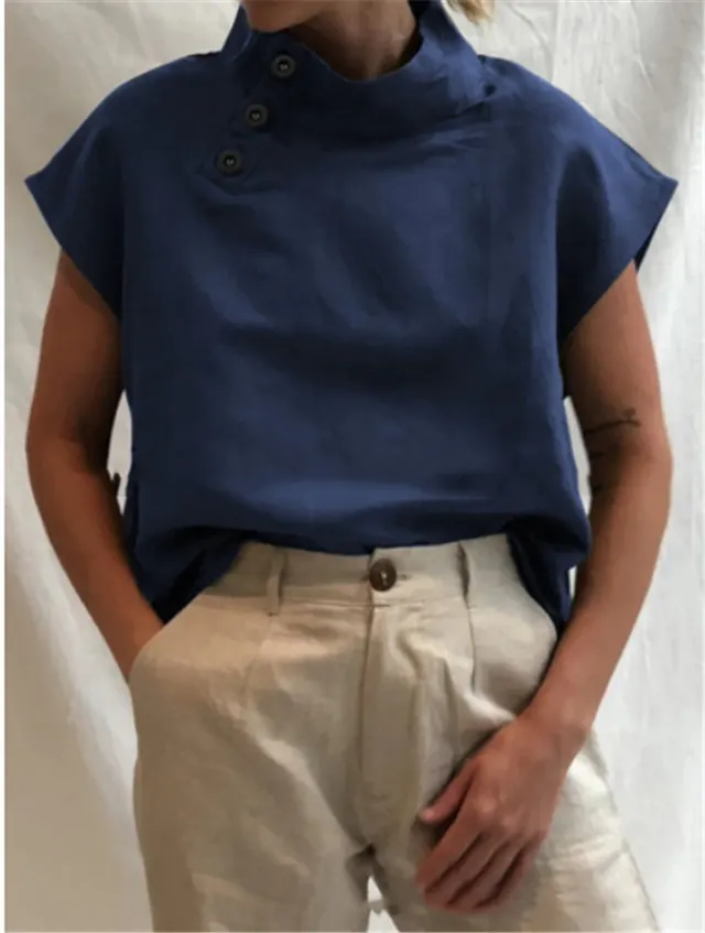 Solid Color Button Casual Loose Cotton Shirt Blue - Shop at LoveMi