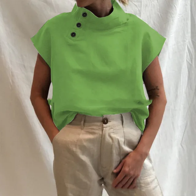 Solid Color Button Casual Loose Cotton Shirt Green - Shop at LoveMi