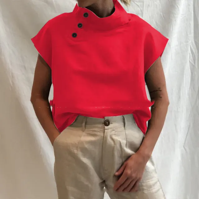 Solid Color Button Casual Loose Cotton Shirt Red - Shop at LoveMi