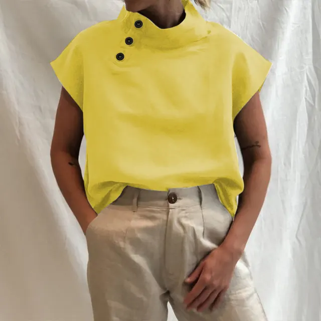 Solid Color Button Casual Loose Cotton Shirt Yellow - Shop at LoveMi