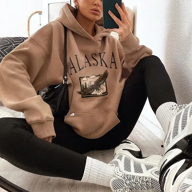 New Style Long Sleeved Casual Eagle Print Hooded Pullover Sweater Brown - Shop at LoveMi