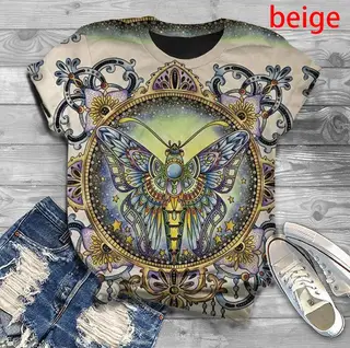 Women's Fashion Floral Butterfly Print Fitness Short-Sleeved T-Shirt Top - Apricot