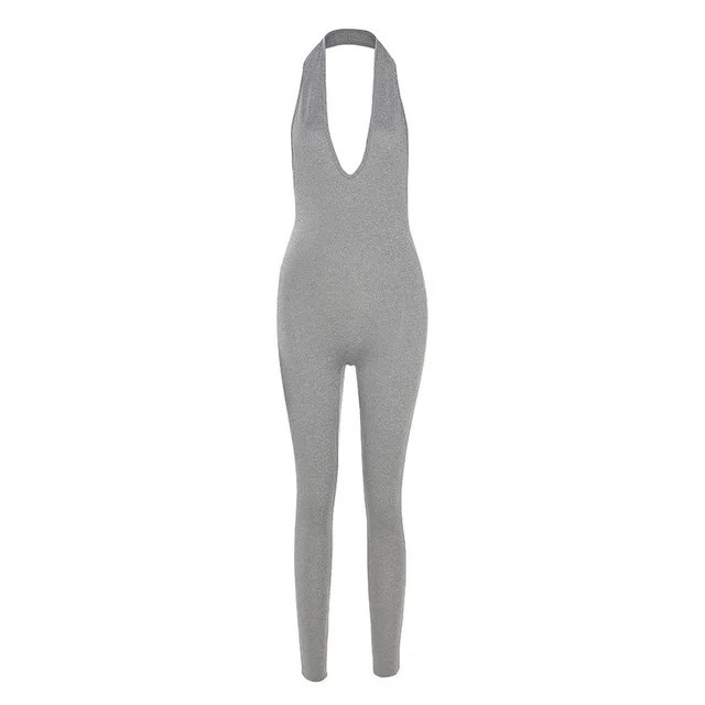 New Women's Sexy Halter Hanging Neck V Neck Hip Lifting Sports Jumpsuit Grey - Shop at LoveMi