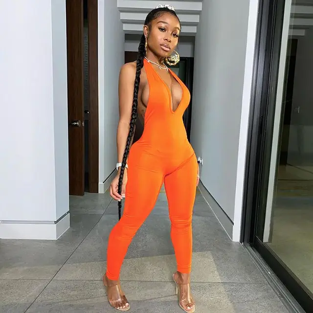 New Women's Sexy Halter Hanging Neck V Neck Hip Lifting Sports Jumpsuit Orange - Shop at LoveMi