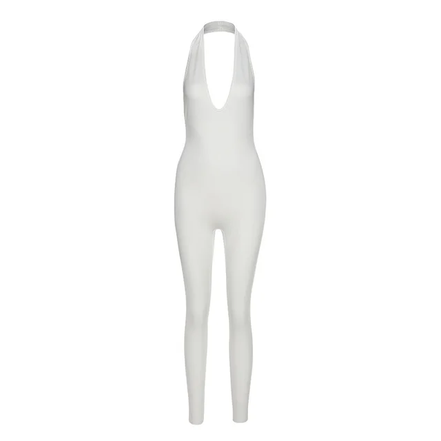 New Women's Sexy Halter Hanging Neck V Neck Hip Lifting Sports Jumpsuit White - Shop at LoveMi