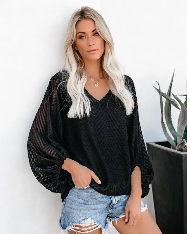 Chiffon Shirt V Neck Lantern Sleeve Pullover Black - Shop at LoveMi