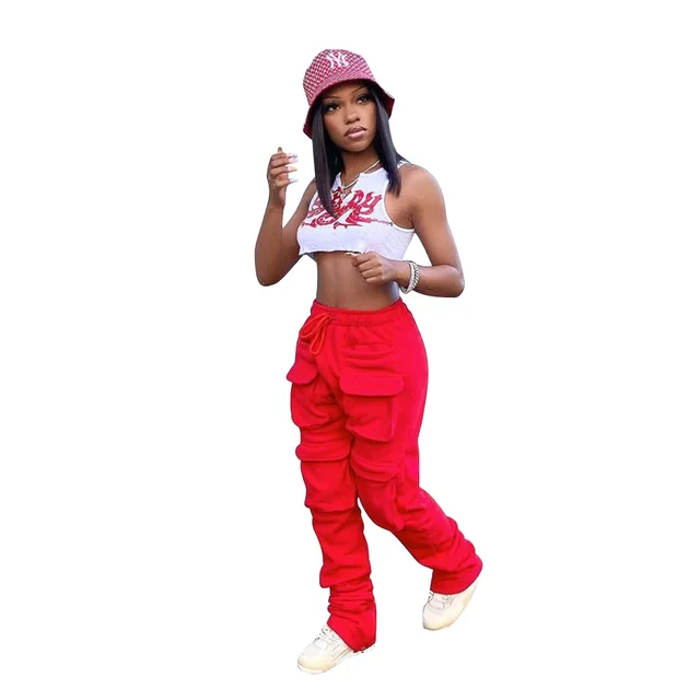 Explosive Solid Color Multiple Three Dimensional Pocket Casual Pants Red - Shop at LoveMi