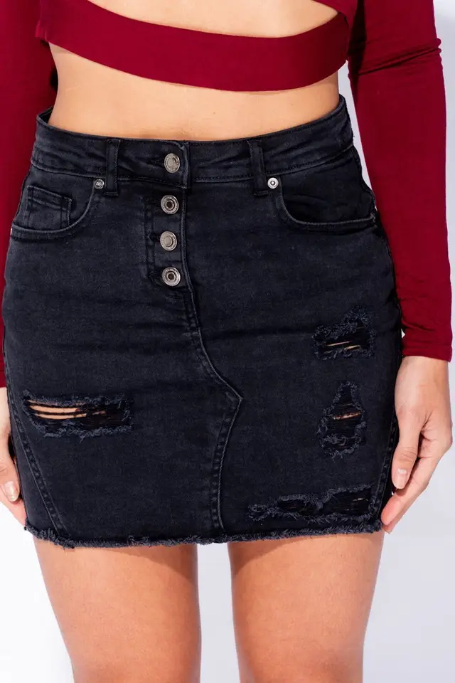 Ripped Elastic Denim Wrap Hip Skirt Black - Shop at LoveMi