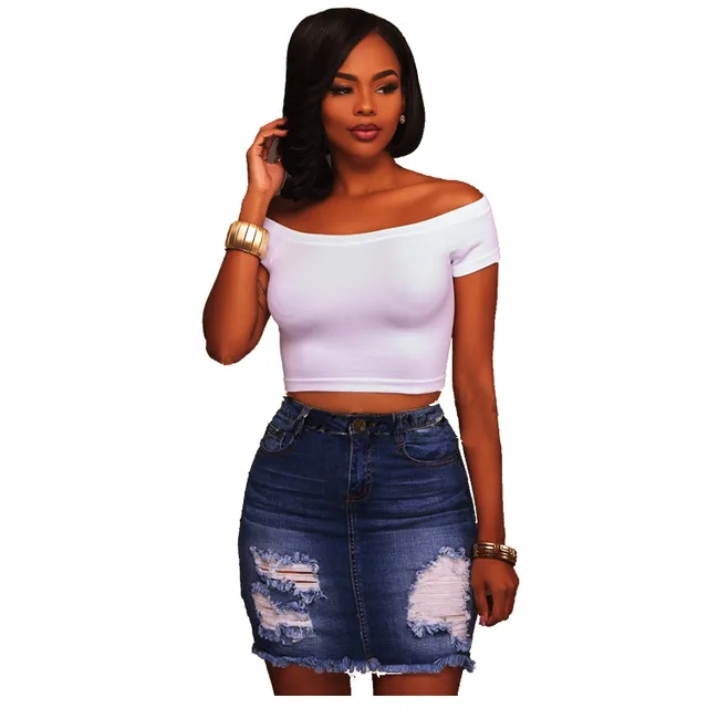 Ripped Elastic Denim Wrap Hip Skirt Blue - Shop at LoveMi