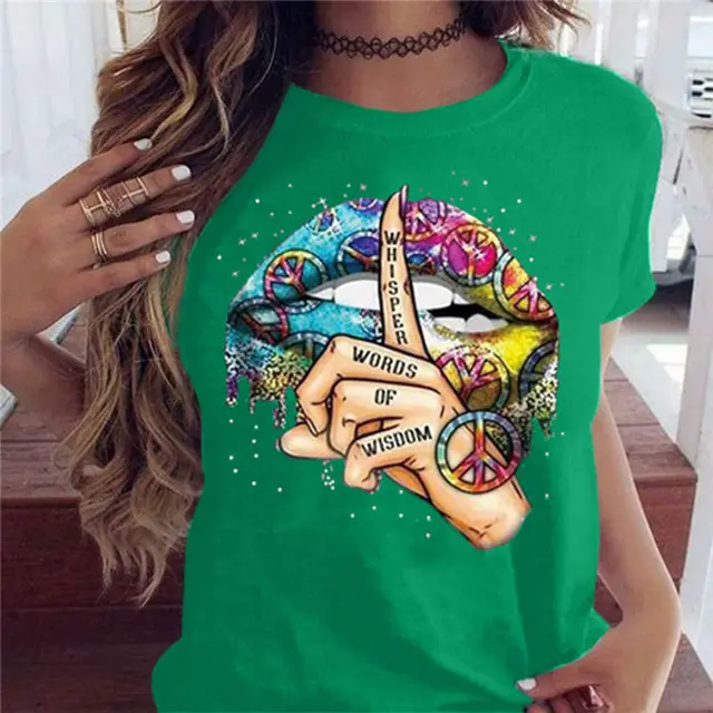 Shut Up Gesture Lips Short Sleeve T shirt No Letters Green - Shop at LoveMi
