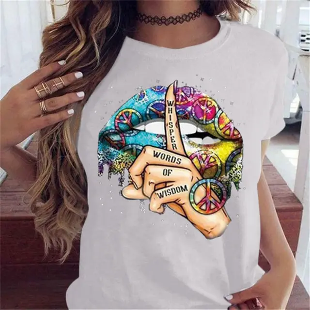 Shut Up Gesture Lips Short Sleeve T shirt No Letters White - Shop at LoveMi