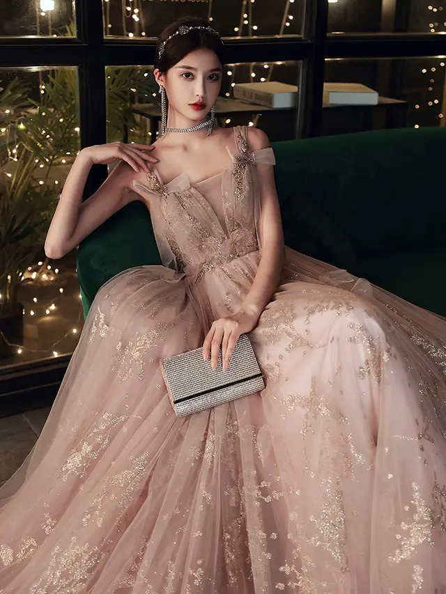 Elegant Heavy Industry Light Luxury Sling Evening Dress Pink - Shop at LoveMi