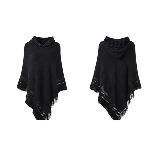 Autumn And Winter Knitted Hooded Cloak Shawl Black - Shop at LoveMi