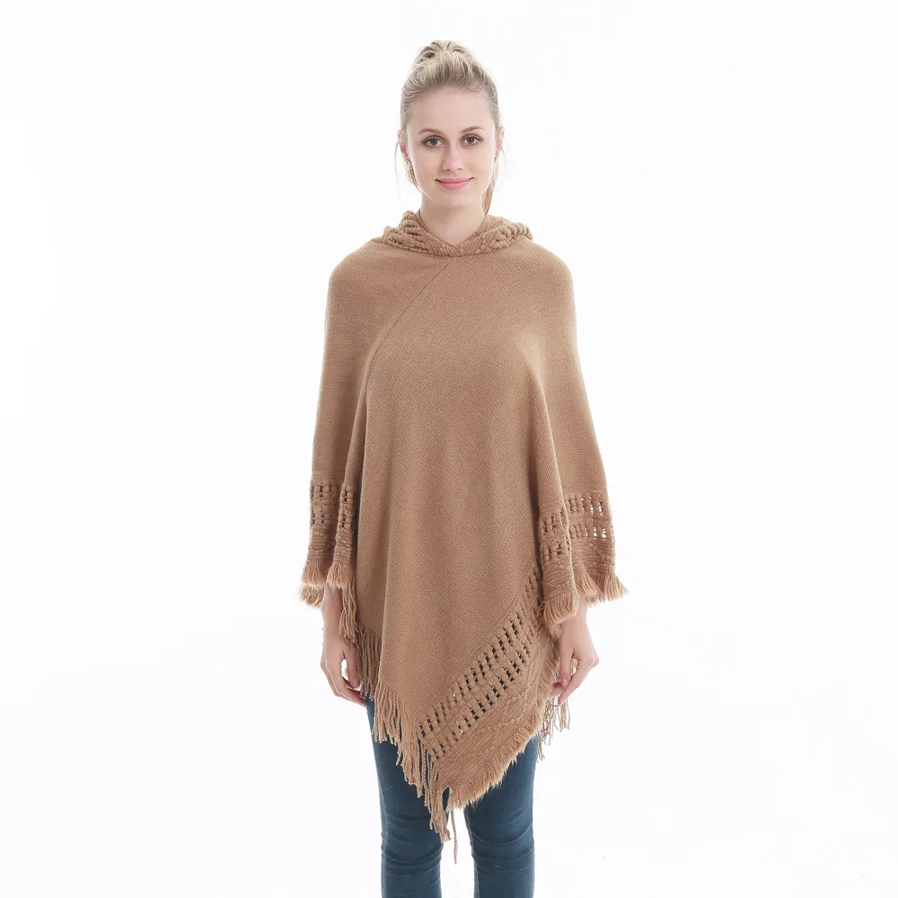 Autumn And Winter Knitted Hooded Cloak Shawl - Camel