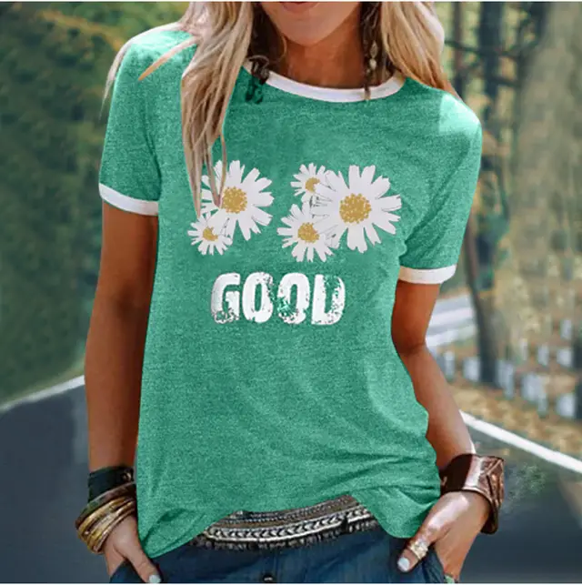 Summer Express Popular Small Daisy Print Splicing Loose Leisure Green - Shop at LoveMi