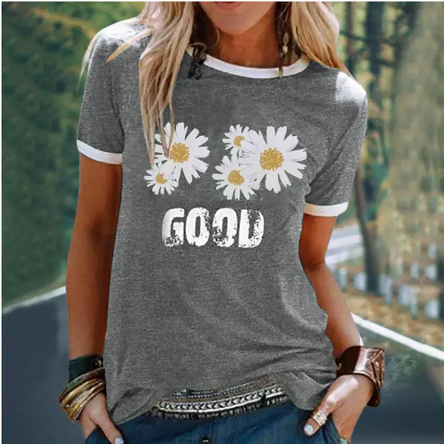 Summer Express Popular Small Daisy Print Splicing Loose Leisure Grey - Shop at LoveMi
