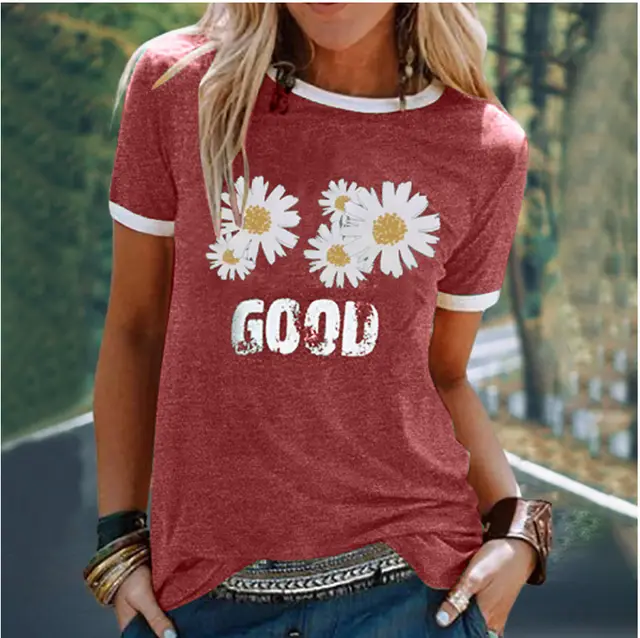 Summer Express Popular Small Daisy Print Splicing Loose Leisure Red - Shop at LoveMi
