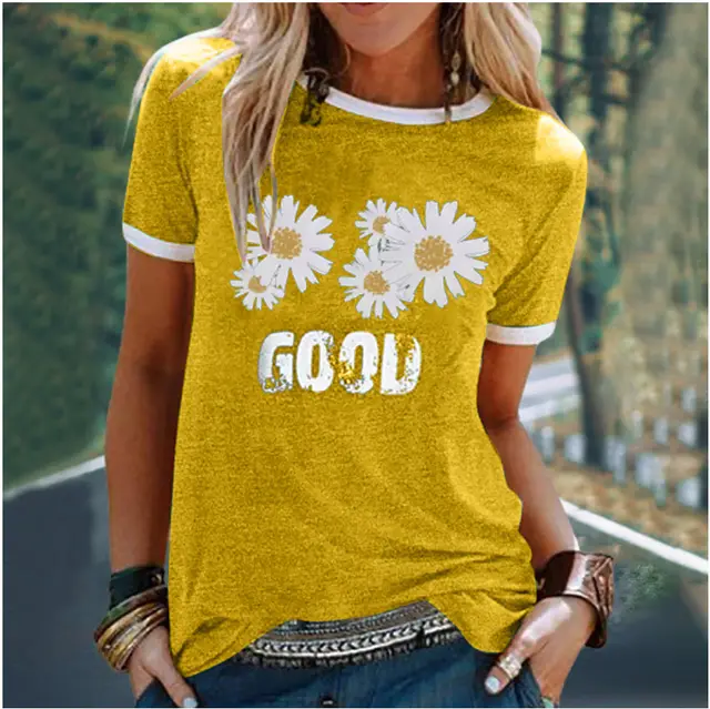 Summer Express Popular Small Daisy Print Splicing Loose Leisure Yellow - Shop at LoveMi