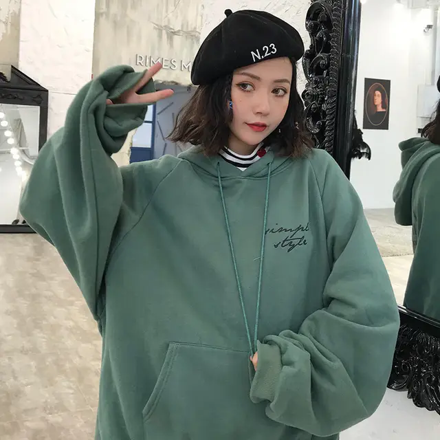 Raglan Sleeve Letter Loose Hooded Drawstring Fleece Long Sleeved Sweater Green - Shop at LoveMi